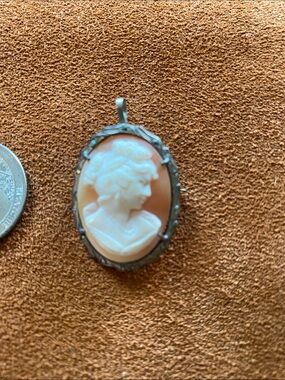 cameo Peach and White Carved Profile Pendant Necklace